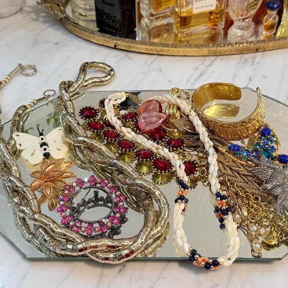 Gobs of Vintage jewelry with Beveled Mirror Vanity/Dresser Tray - Picture 1 of 17